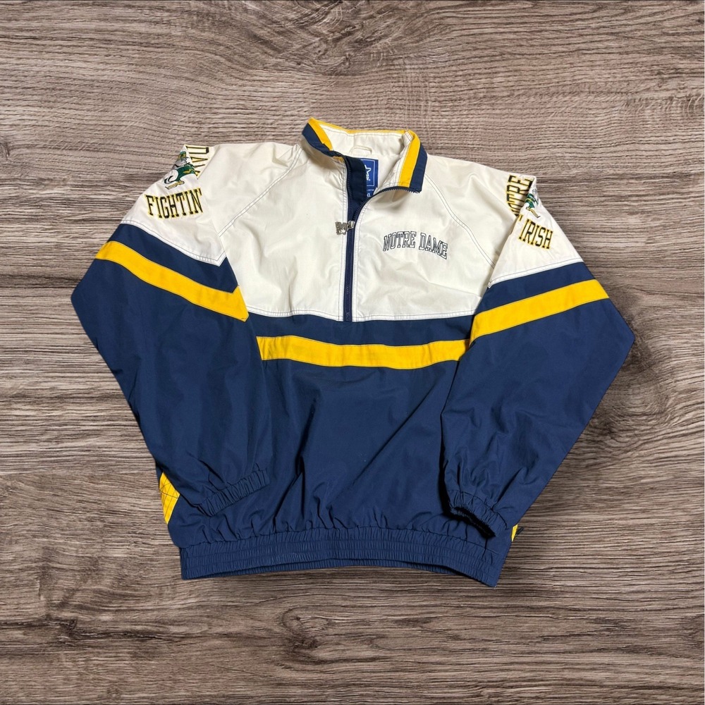 Notre Dame Fighting Irish Quarter Zip Starter‎ Jacket Size XL White Yellow Blue